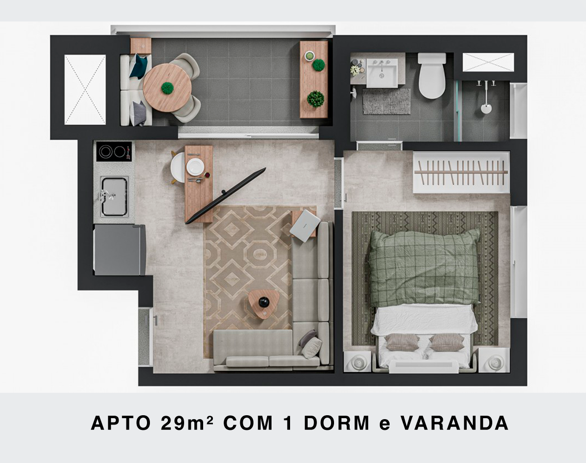 Planta 29 m² com 1 dorm e varanda